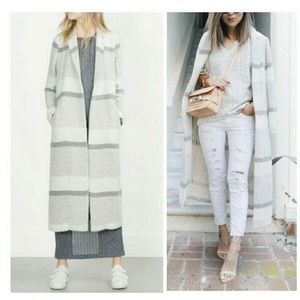Zara Grey White Striped Long Coat Medium